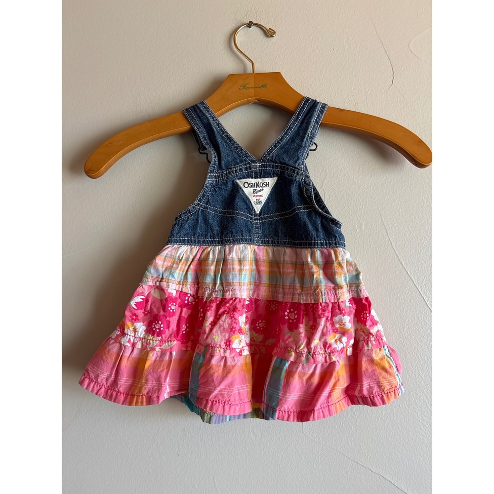 OshKosh Bgosh Baby Girl 12M Denim Patchwork Floral Plaid Ruffle Overall Dress - Picture 2 of 6